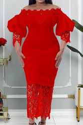Vestido de cóctel rojo midi con hombros descubiertos